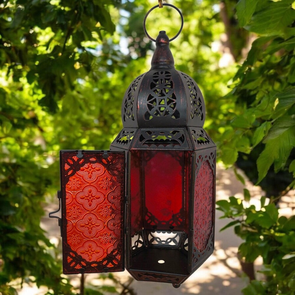 Moroccan Hanging Lantern Red Embossed Glass Black Copper Candle Lantern
